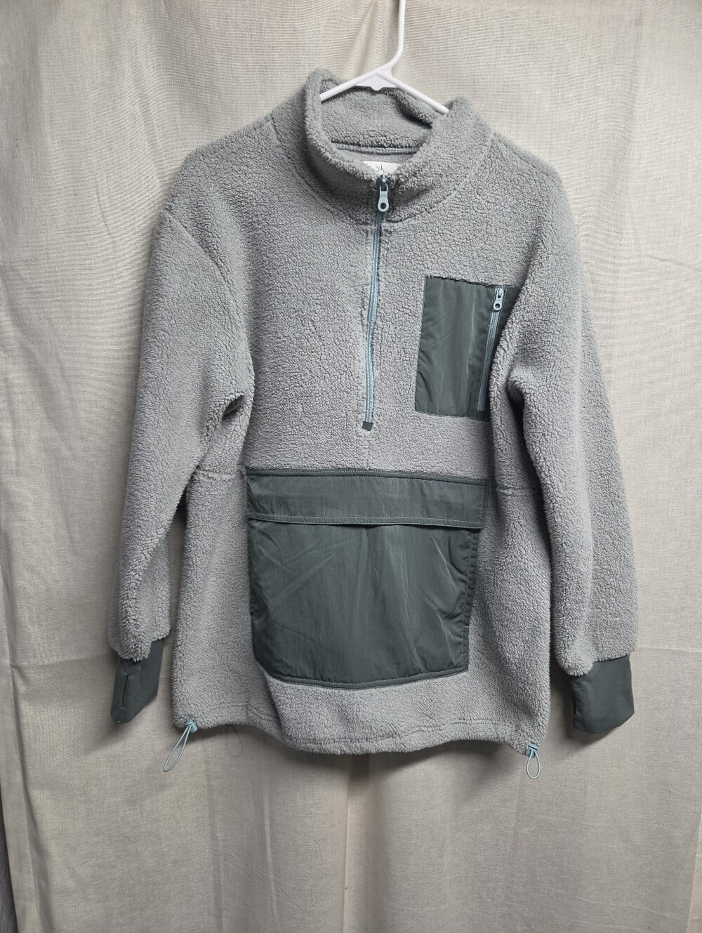 aerie Light Green Sherpa Zip Pullover with Dark Gray Utility Panels